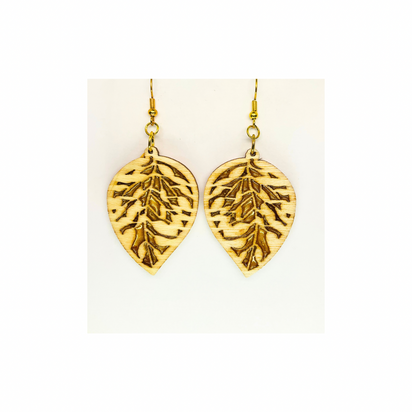 Wood Leaf Earrings with Gold Accent - Tan Wood Drop Design with Gold Resin Veins