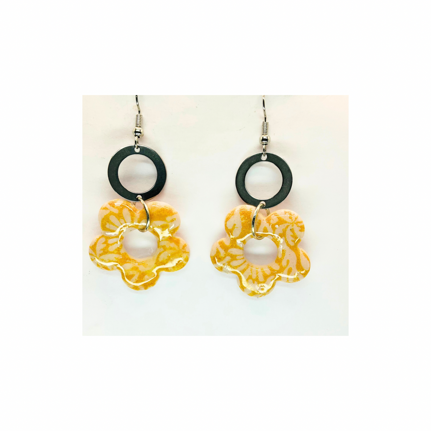 Beach Bloom Collection Yellow Flower Dangle with Silver Circle Earrings