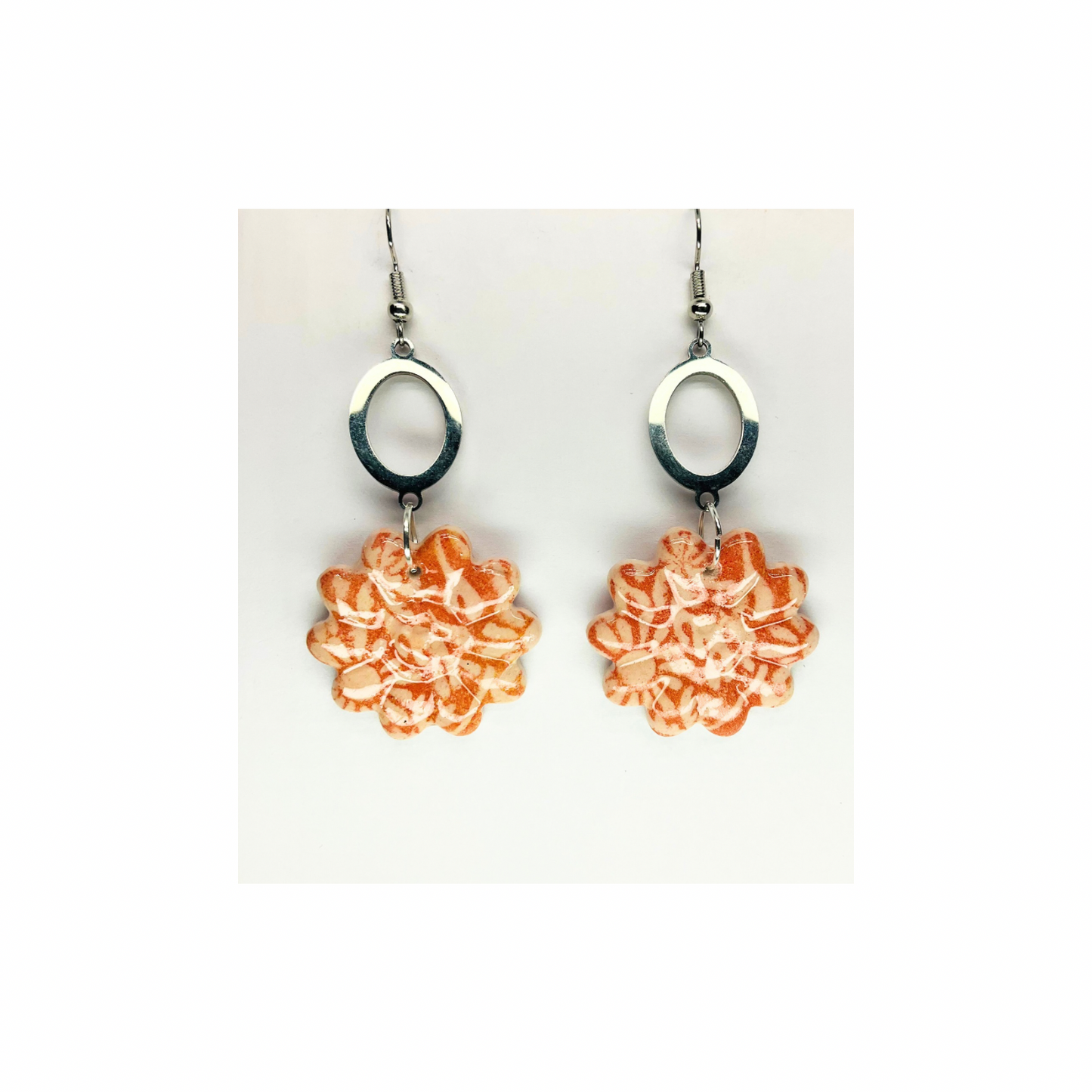 Beach Bloom Collection Salmon Flowered with Silver Embellishments Dangle Earrings for Women Elegant Salmon Floral Design & Silver Accents