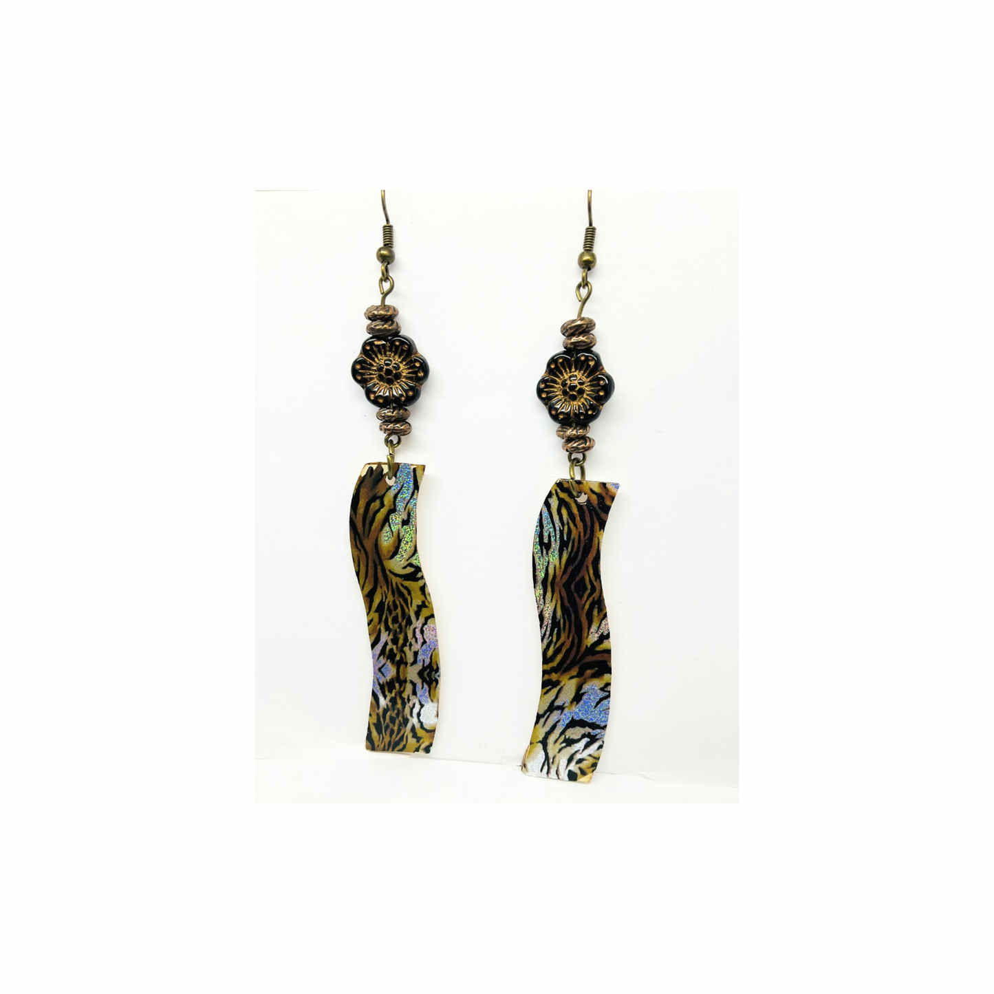 Animal Print Wood Dangle with Brown Flower Bead Earrings