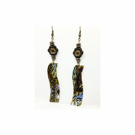 Animal Print Wood Dangle with Brown Flower Bead Earrings