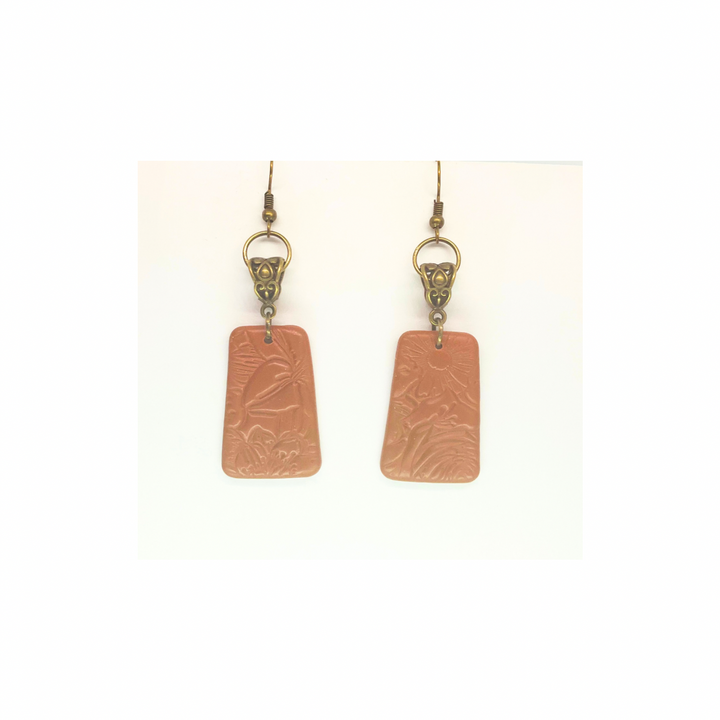 Leather Bronze Imprinted Dangle Earrings - Simple Design with Unique Imprint Pattern