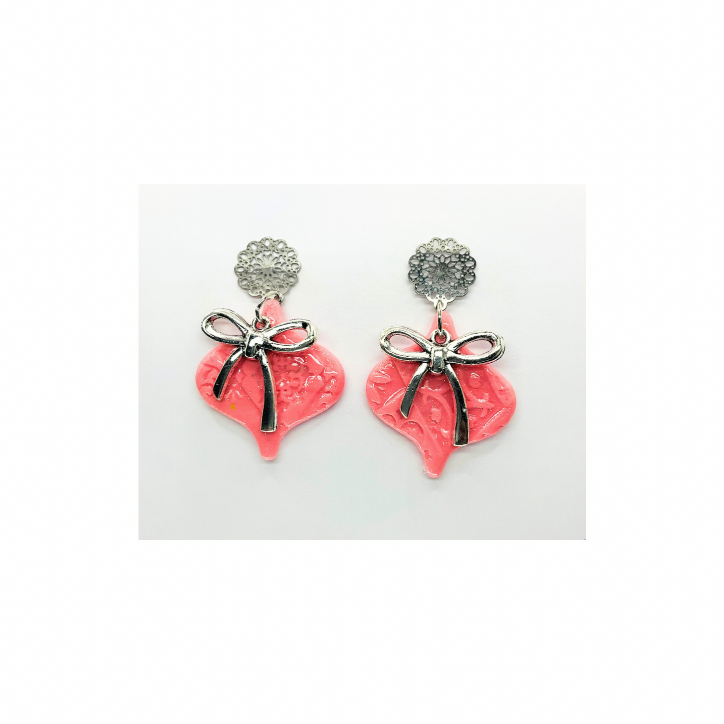 Pink Ornament Earrings with Silver Bow and Stud Dangle for Women