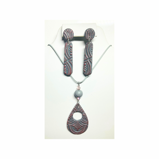 Gray with Pearl Pink Pendant and Earring Jewelry Set featuring a Teardrop Design and Pearl Accent