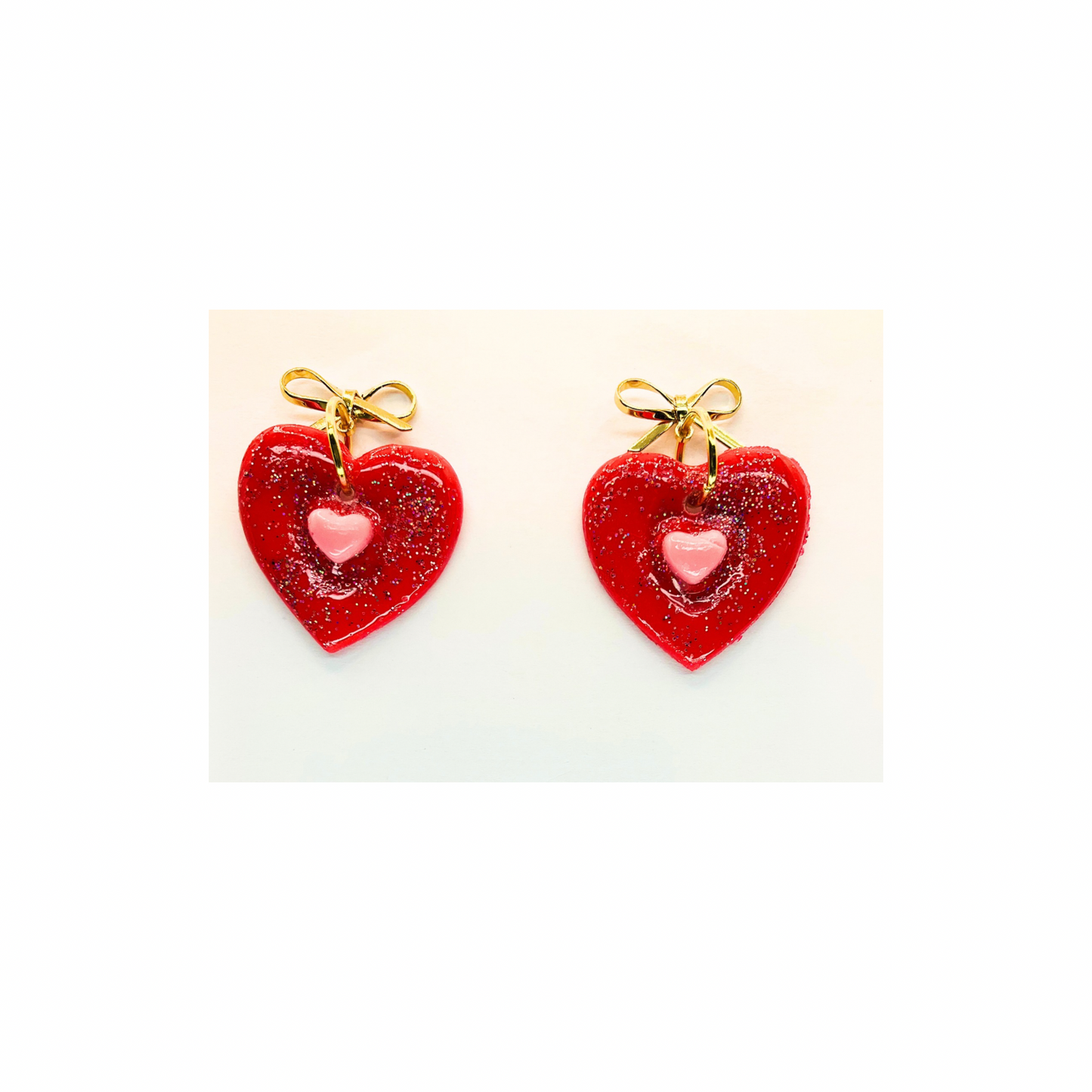 Red Heart with Pink Heart and Gold Bow Stud Dangle Earring