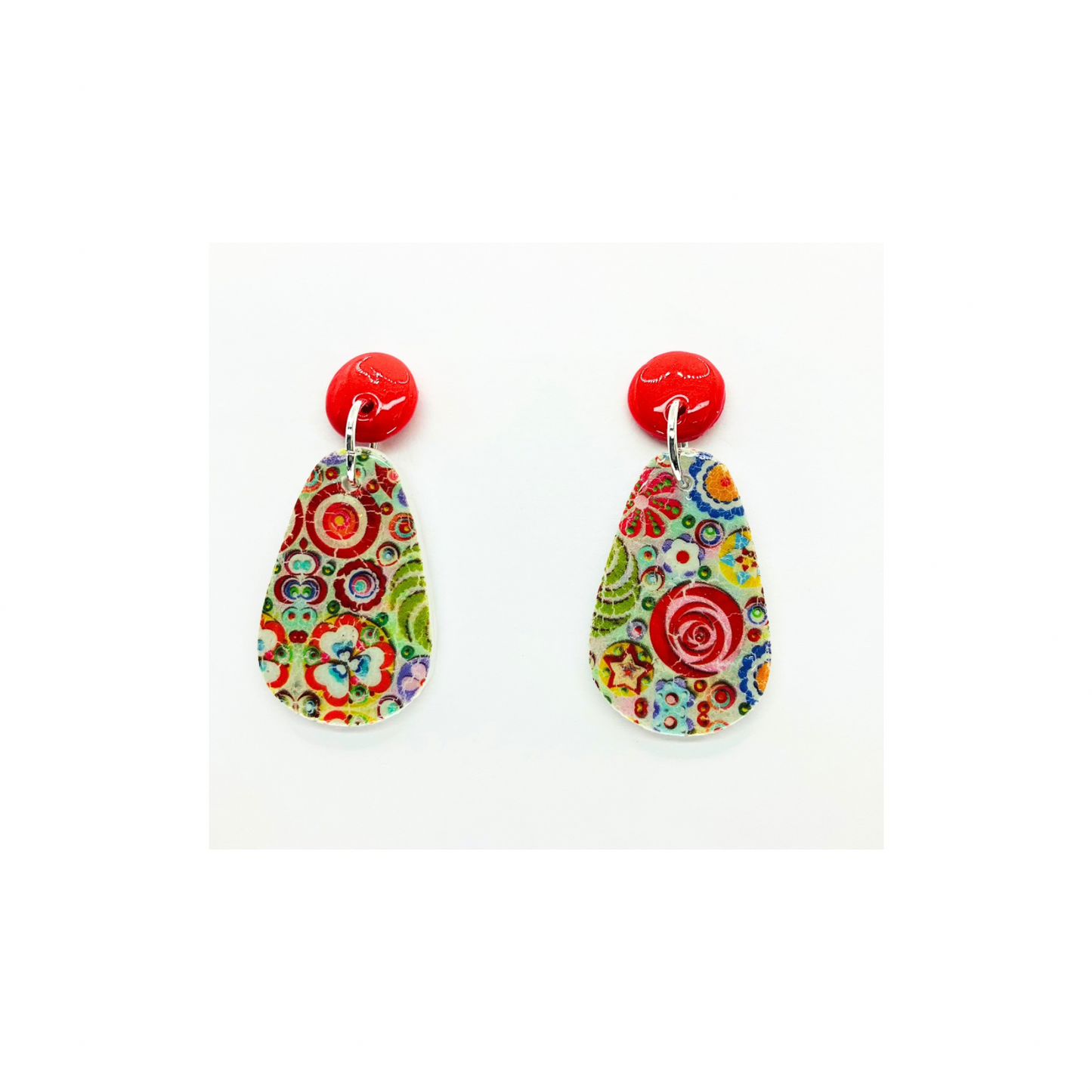 Whimsical Red and Green Dangle Earrings with Red Button Stud