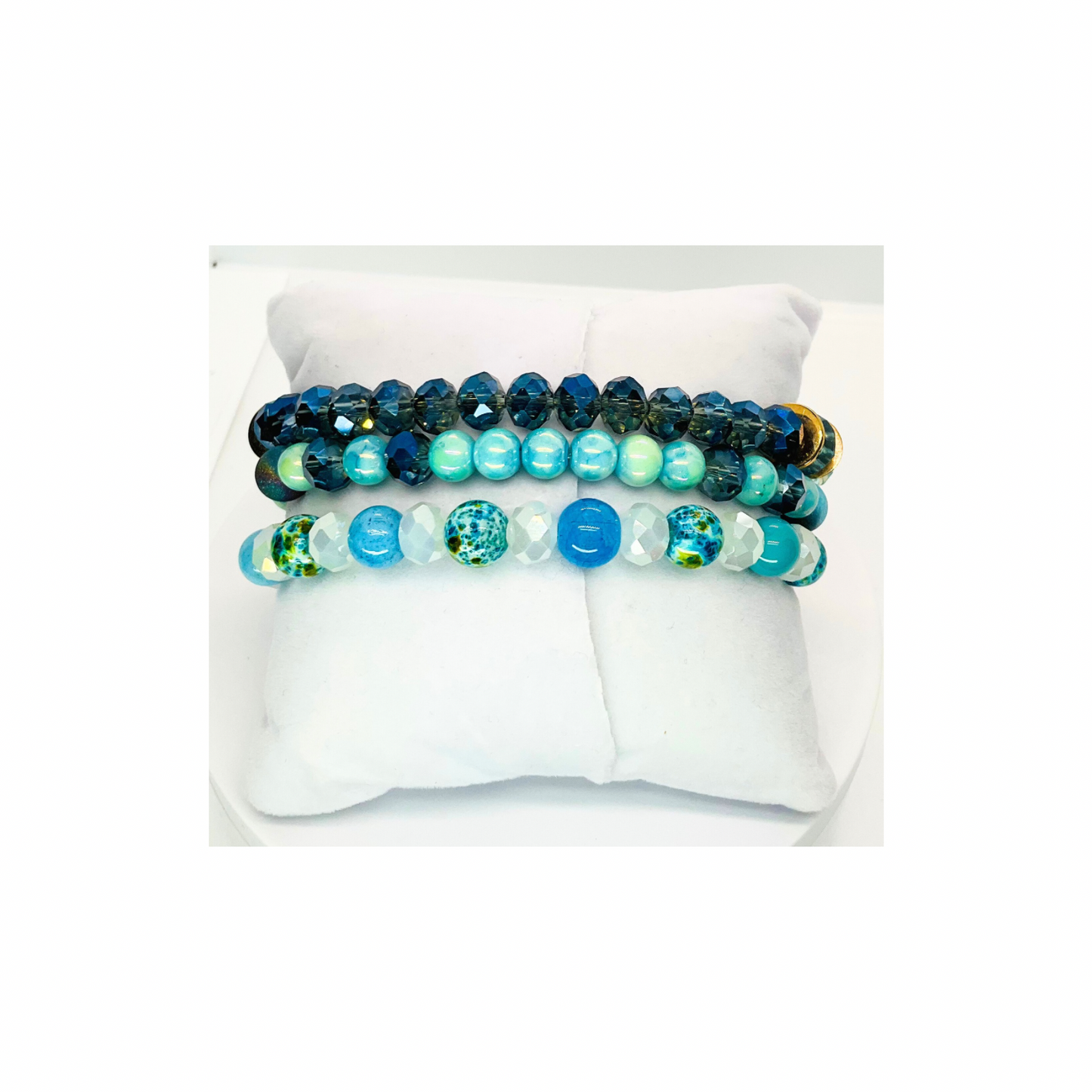 Blue Stacked Stretch Set of Three Bracelets with Colorful Beads and Gold Accents for Stylish Accessory