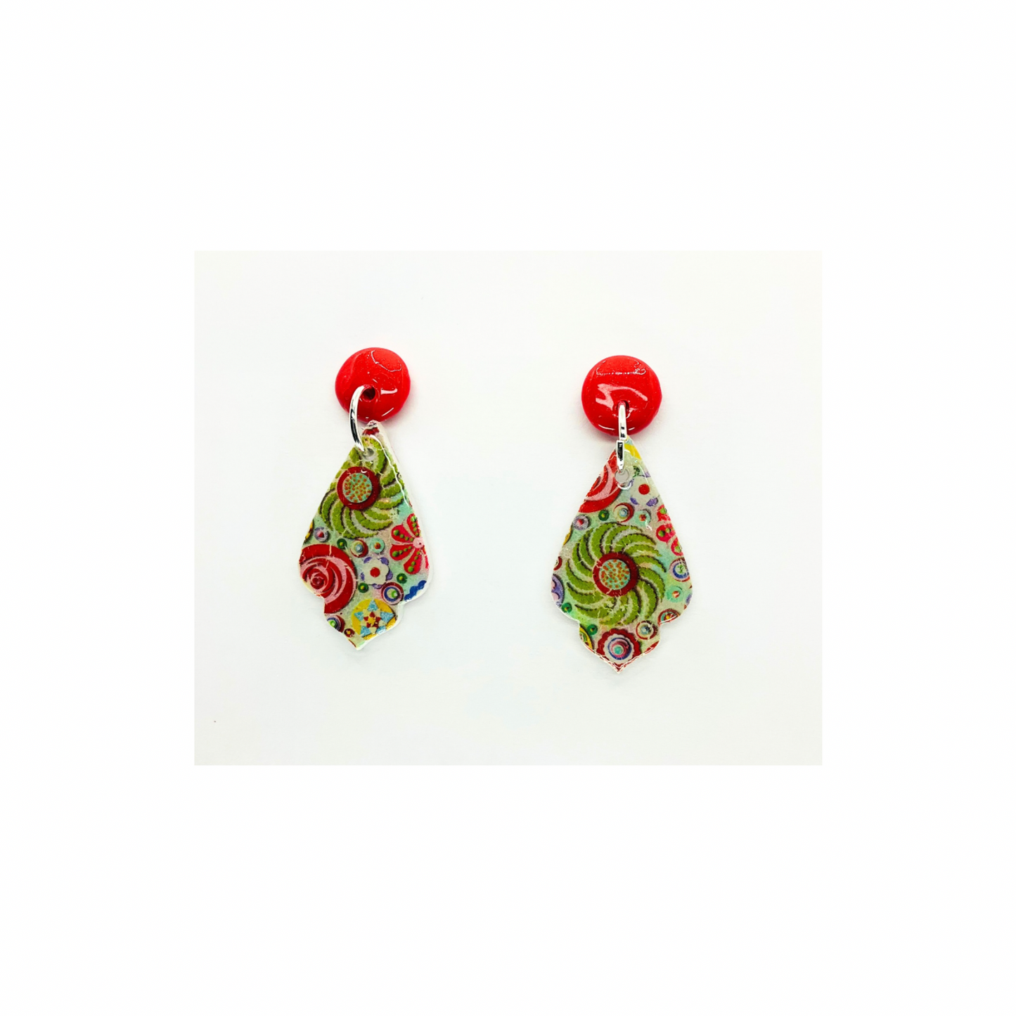Whimsical Red and Green Teardrop with Red Button Stud Dangle Earrings for Festive Outfits