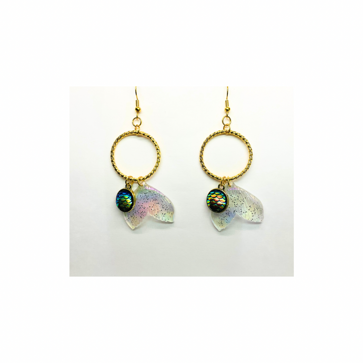 Mermaid Collection Iridescent Tail with Charm Dangle Earrings Sparkling Gold Hoop Design for Fantasy Enthusiasts