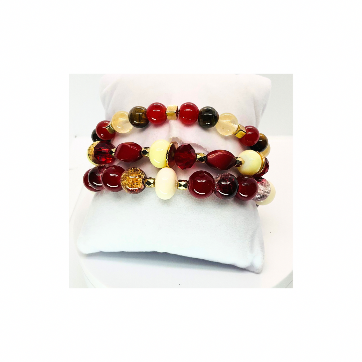 Red and Gold Set of Three Stretch Beaded Bracelets 7-inch Versatile Accessory for Everyday Wear or Special Occasions