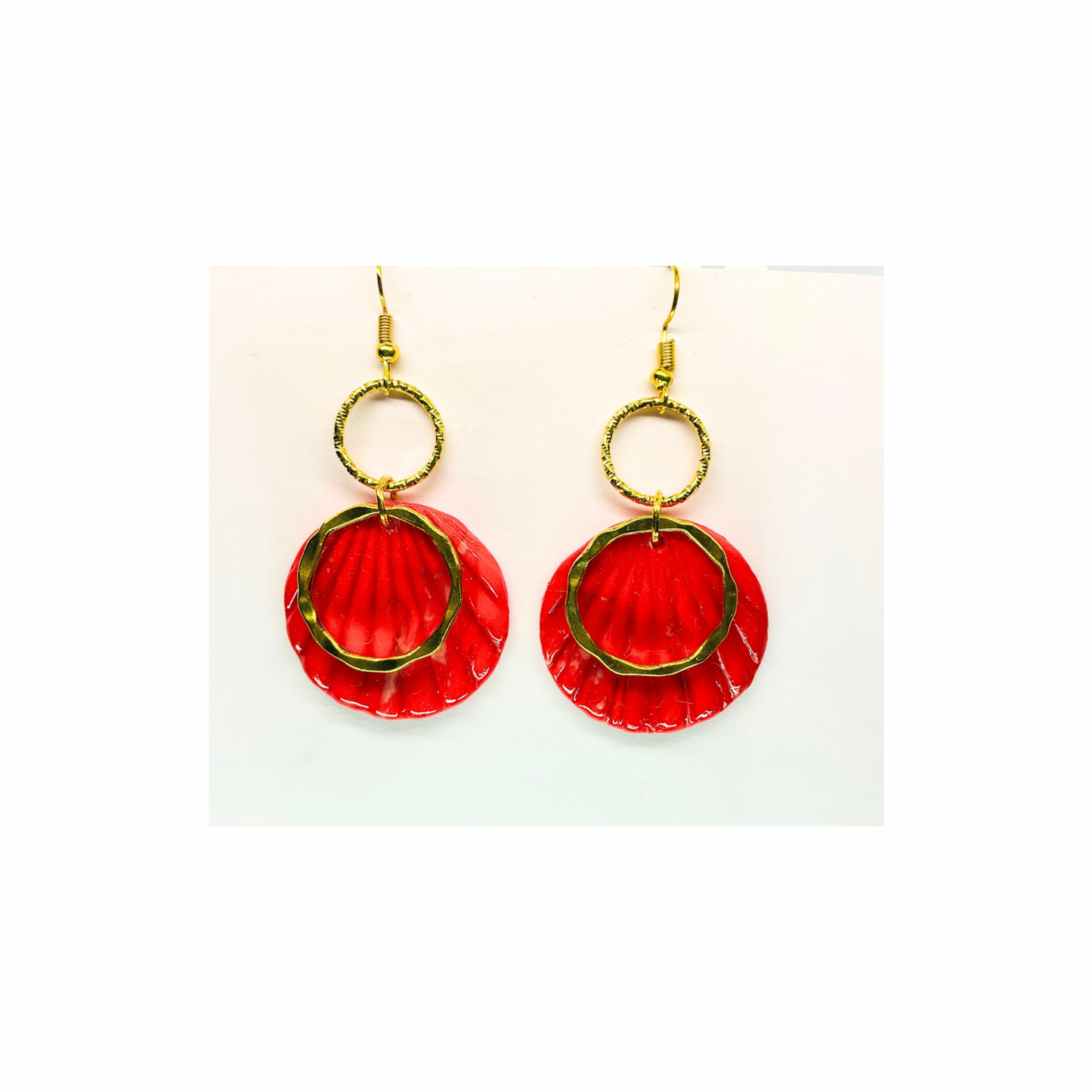 Christmas in July Collection Round with Gold Round Accent Dangle Earrings Red Translucent Design