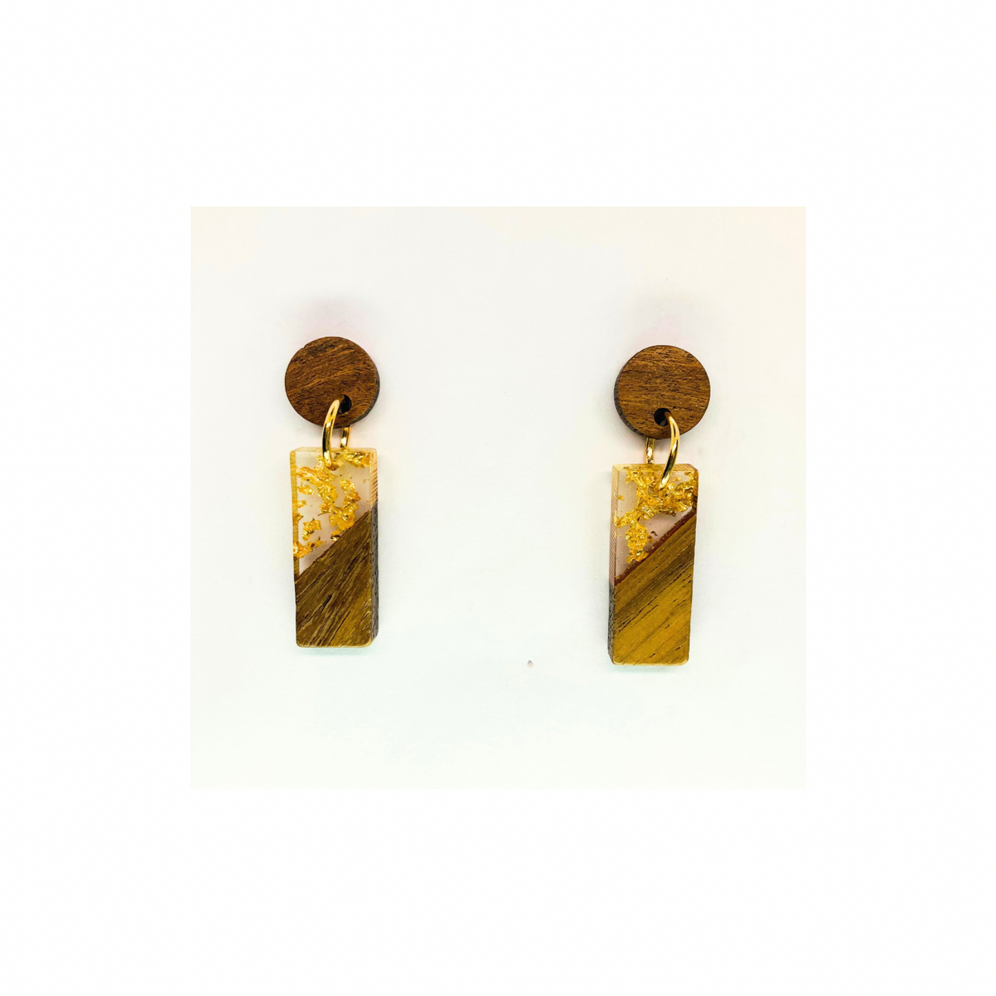 Boho Wood Collection Short Drop Rectangle Stud Earrings with Gold Accents and Wooden Discs