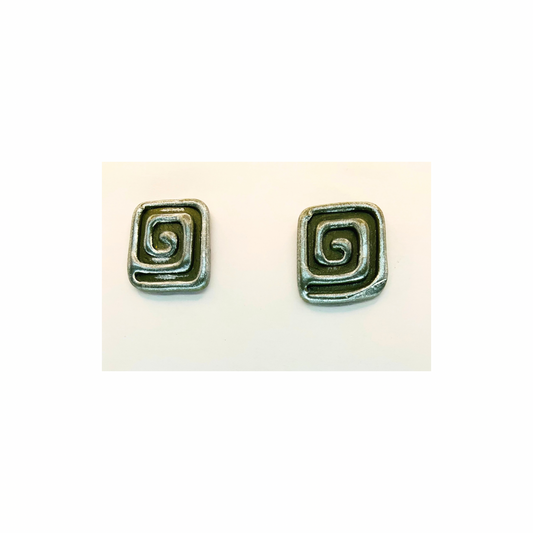 Army Green Stud Square Swirl with Silver Earrings