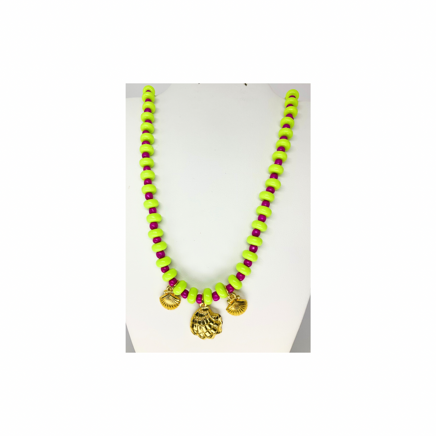 Lime Green and Hot Pink Beaded Necklace with Gold Shell Charms | 18-inch | Crafting By BB