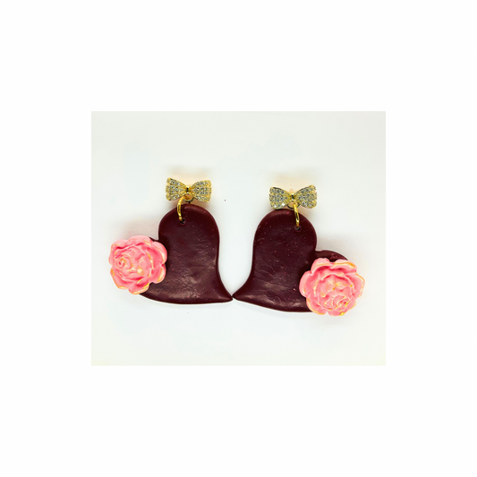 Burgundy Heart Dangle with Pink Flower and Gold Rhinestone Stud-Crafting By BB