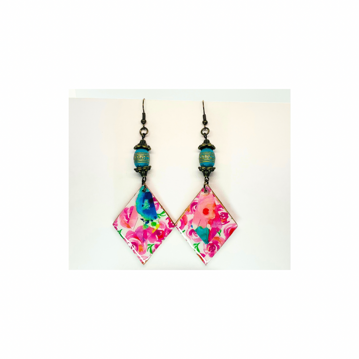 Boho Wood Floral Dangle Earring Handcrafted Turquoise Bead & Wooden Diamond Shape Earrings