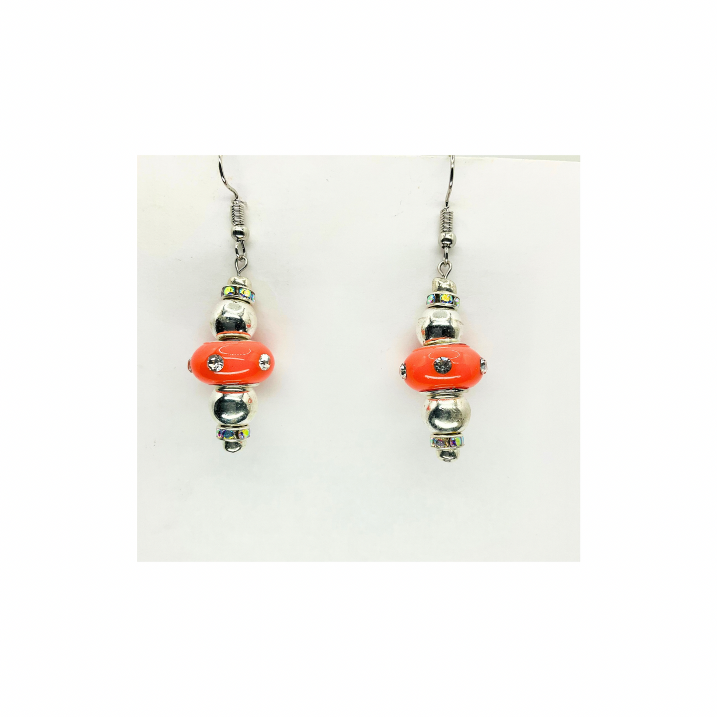 Orange Rhinestone Bead Dangle with Silver Bead Earrings