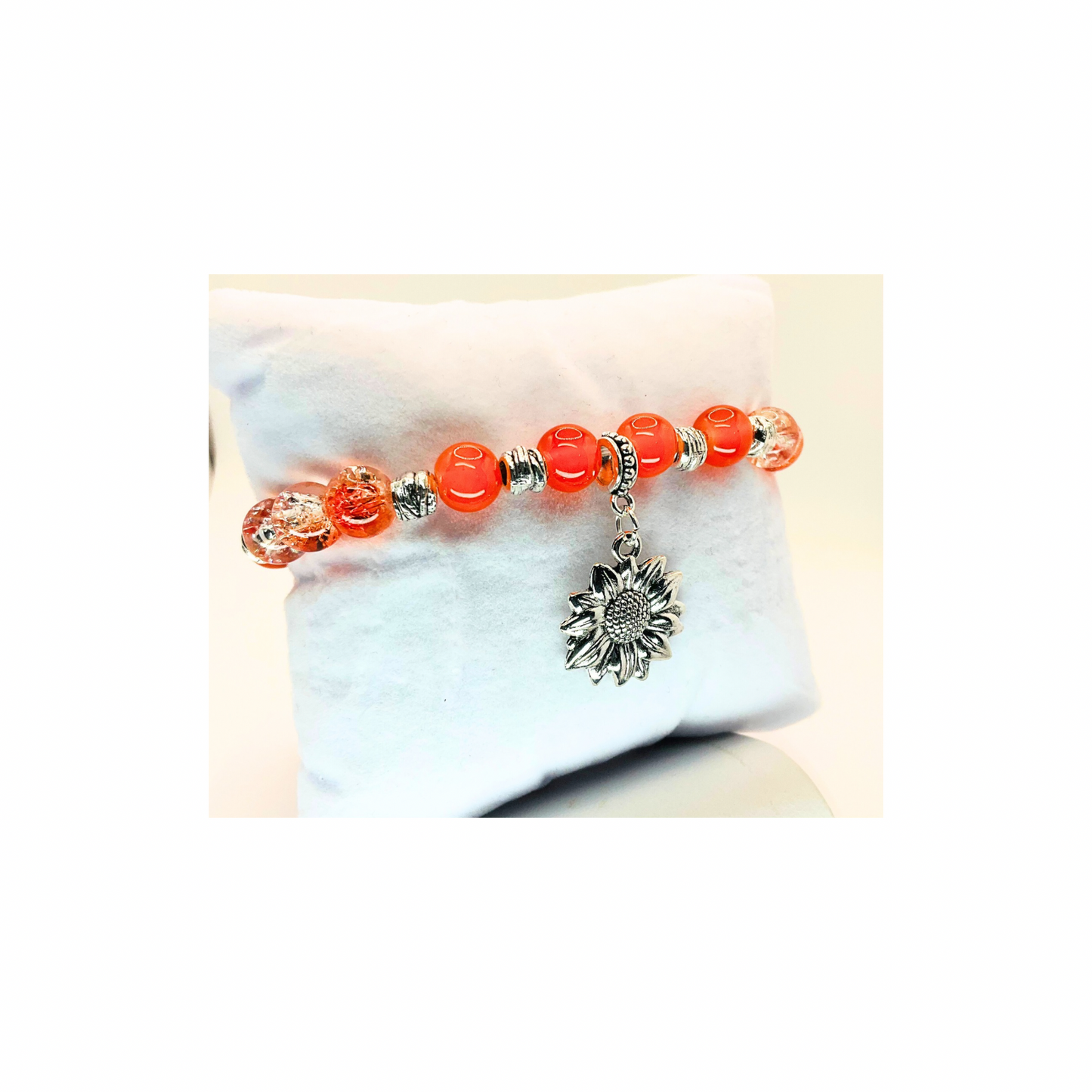 Tangerine and Silver Stretch Bracelet with Silver Sunflower Charm-Crafting By BB