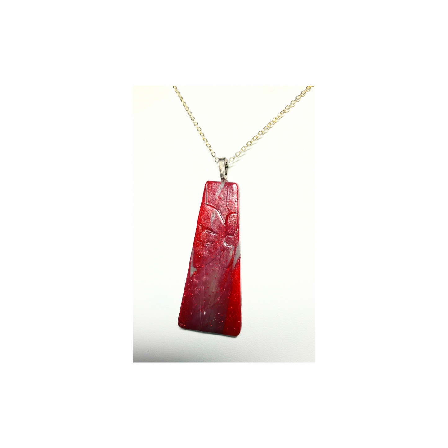 Handmade Red Polymer Clay Pendant with Pressed Flower Impressions on 18-inch Silver Chain Unique & Quality Crafted Jewelry