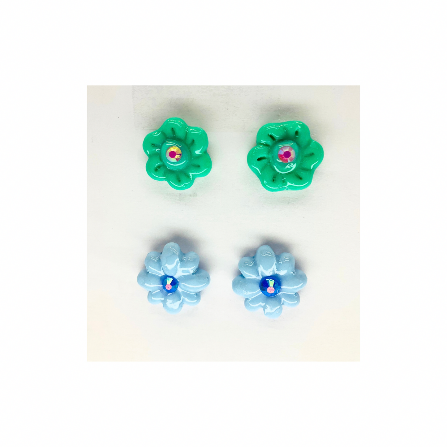 Blue and Green Flower Studs with Rhinestone Earrings-Crafting By BB