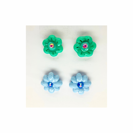 Blue and Green Flower Studs with Rhinestone Earrings-Crafting By BB