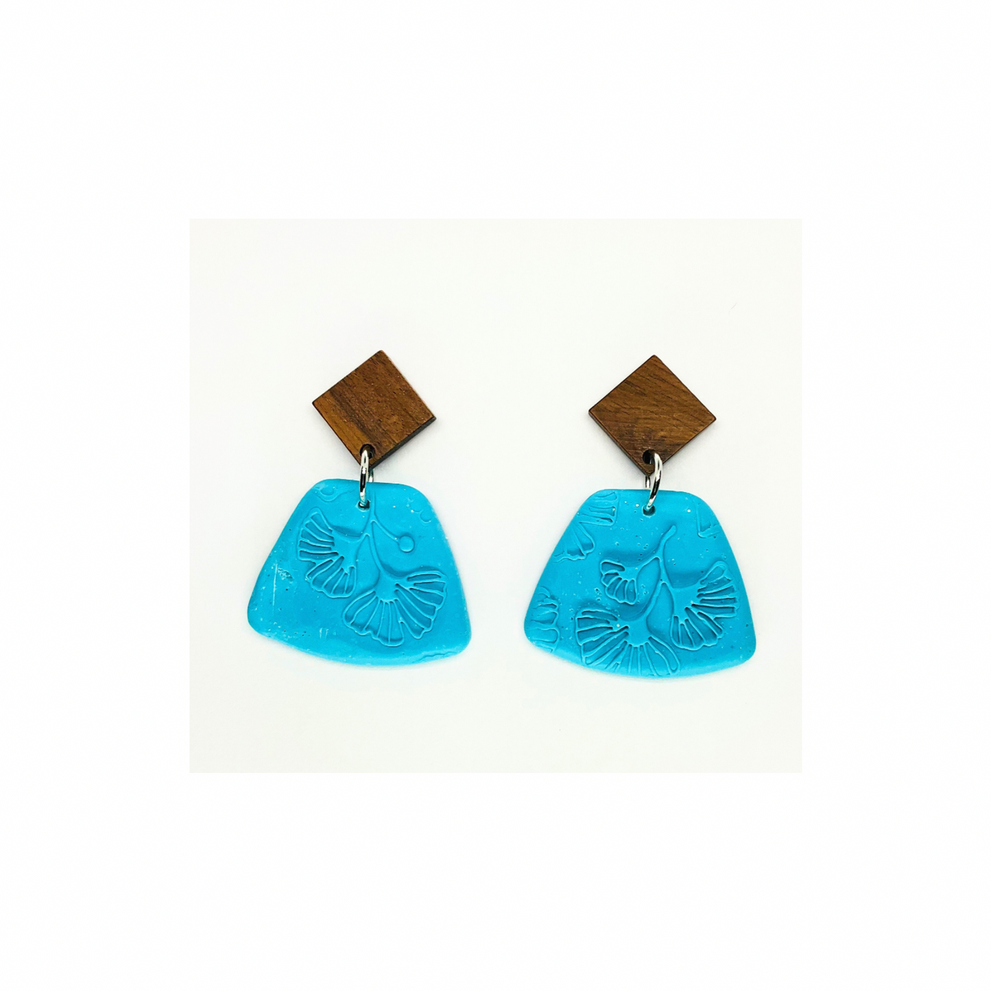 Turquoise Blue Leaf with Wood Stud Dangle Earring - Unique Design Earrings Featuring Leaf Motif and Wooden Accent