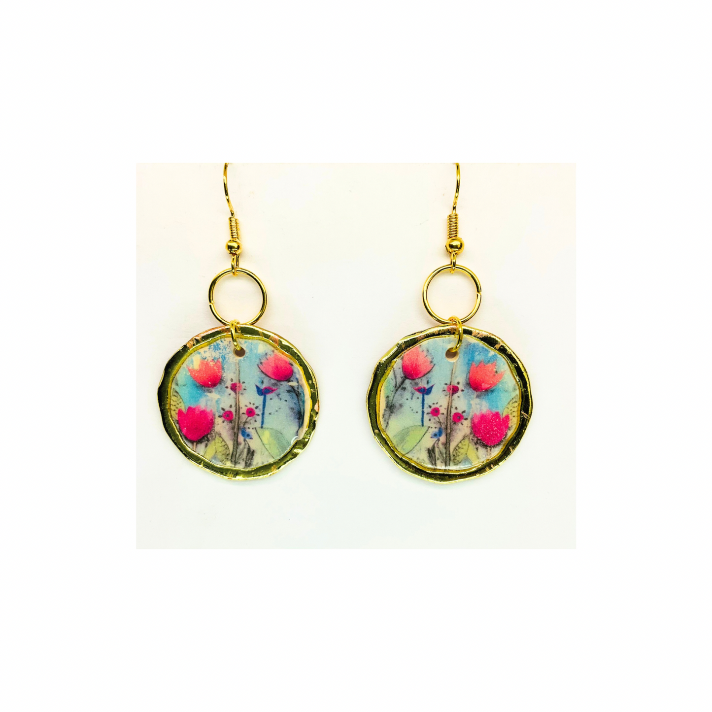 French Garden Collection Gold Round Floral Dangle Earring with Vibrant Pink and Blue Flowers for Elegant Looks
