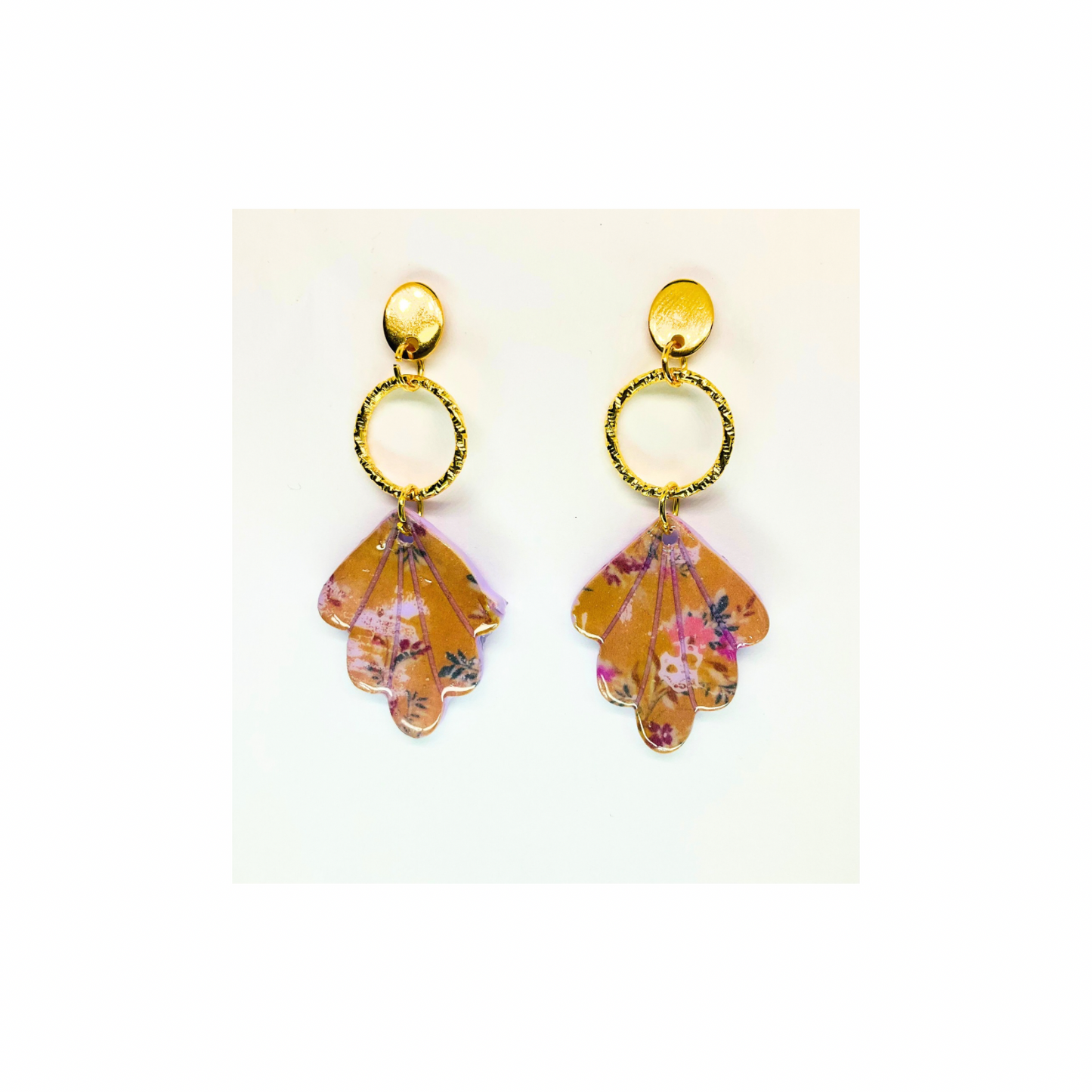Purple and Beige Dangle with Gold Circle Stud Earrings