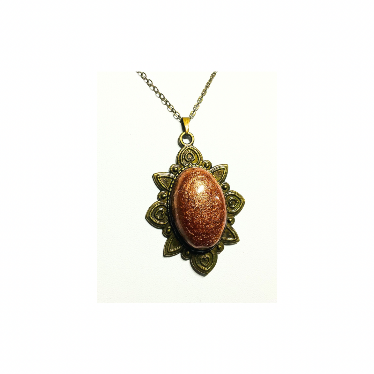Bronze Oval Antique Style 18-inch Necklace with Oval Pendant and Detailed Floral Design Metal Coating Vintage Aesthetics