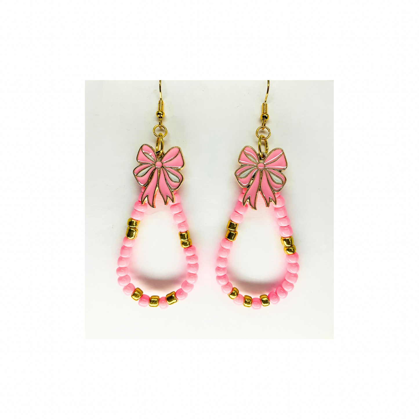 Pink and Gold Teardrop Beaded Dangle with Pink Bow Charm Earrings