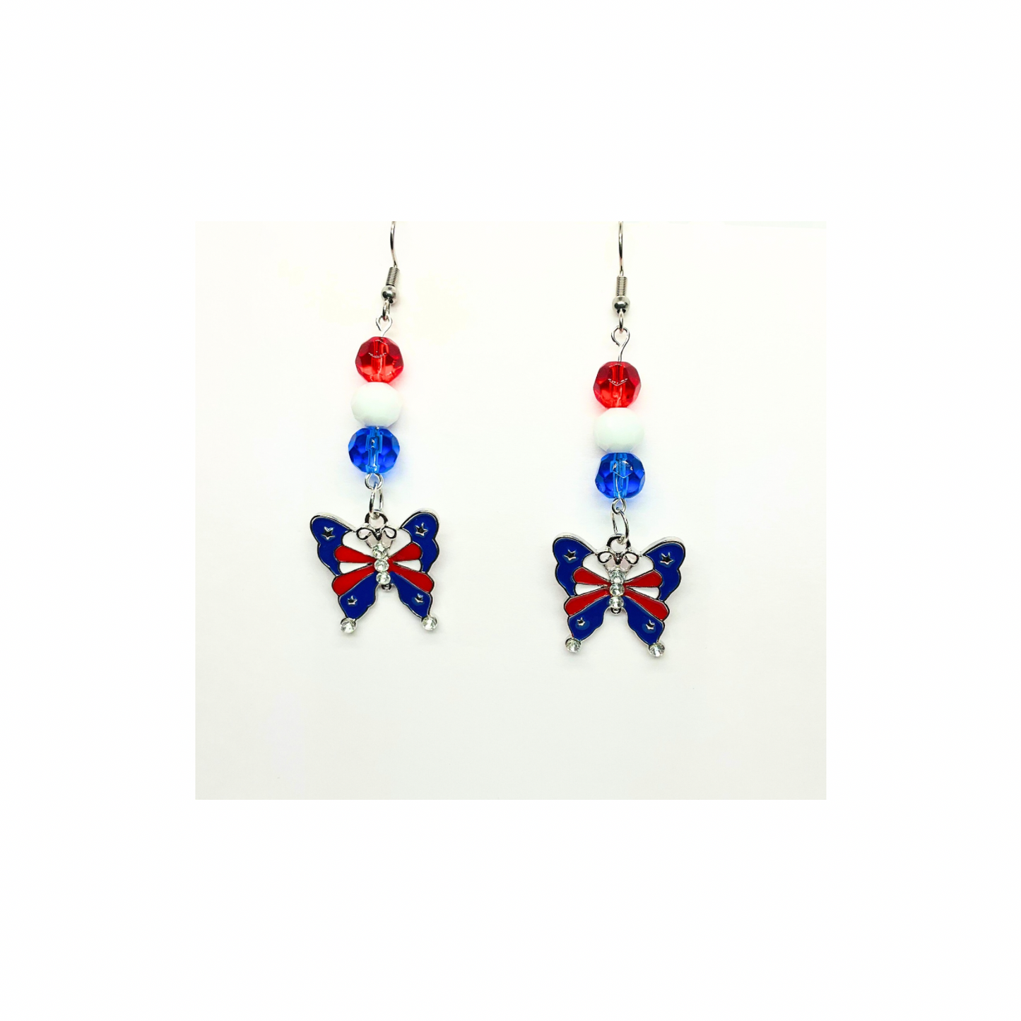 Patriotic Collection Butterfly Charm with Bead Dangle Earrings - Elegant Red White Blue Beads & Patriotic Butterfly Design for Women