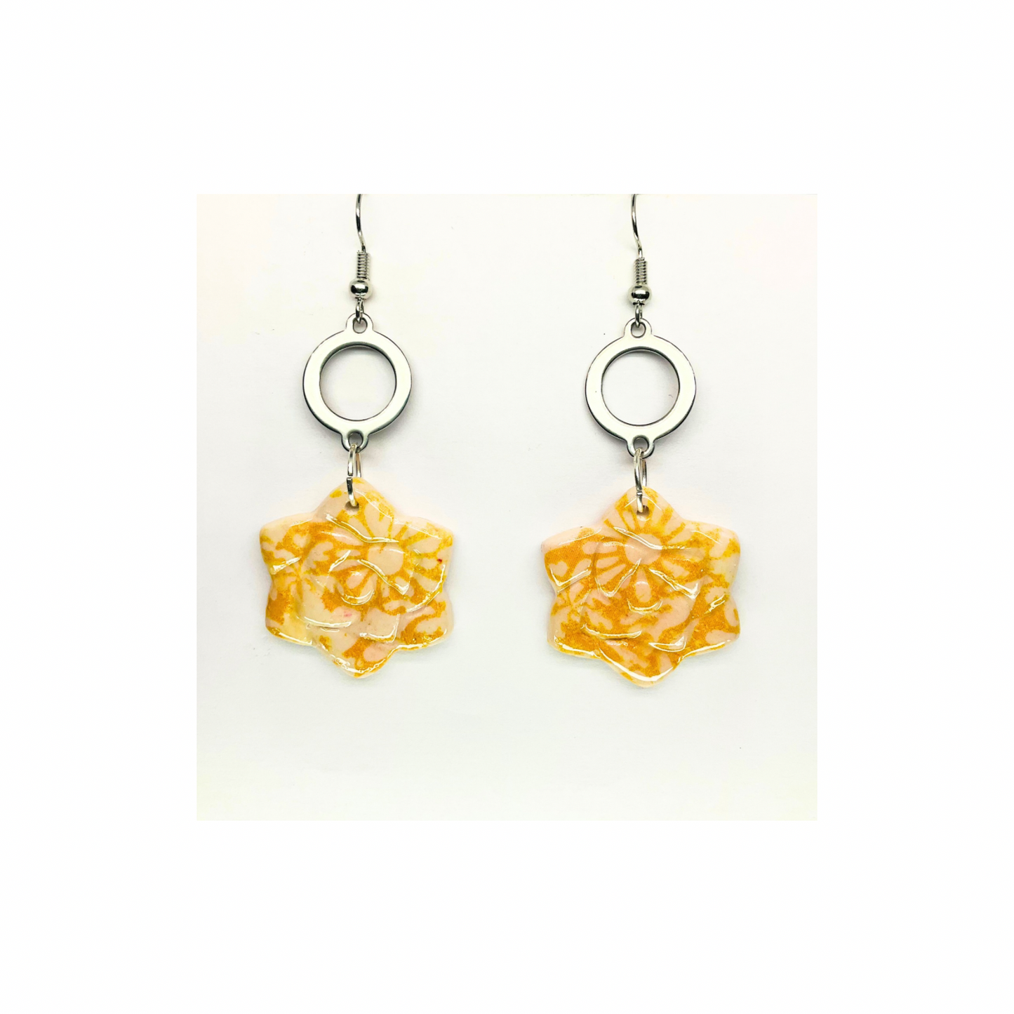 Beach Bloom Collection Yellow Star Shape Dangle Earrings with Floral Design and Silver Rings