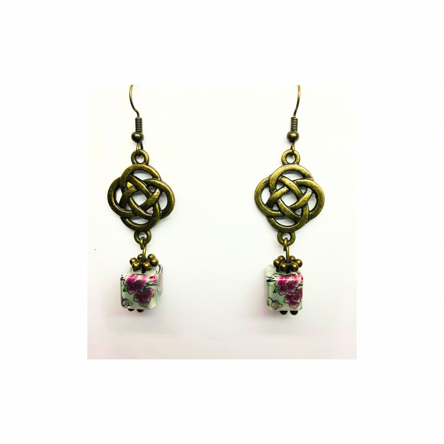Porcelain Bead Collection Square Bead Dangle Earrings with Floral Design for Female Jewelry Accessories