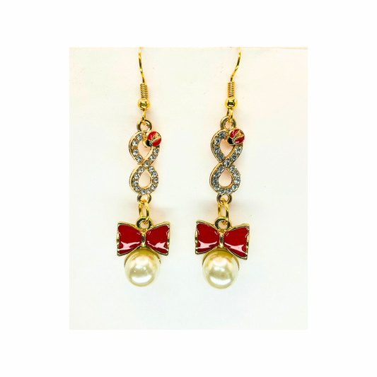 Red Bow with Pearl and Ladybug Rhinestone Dangle Earrings