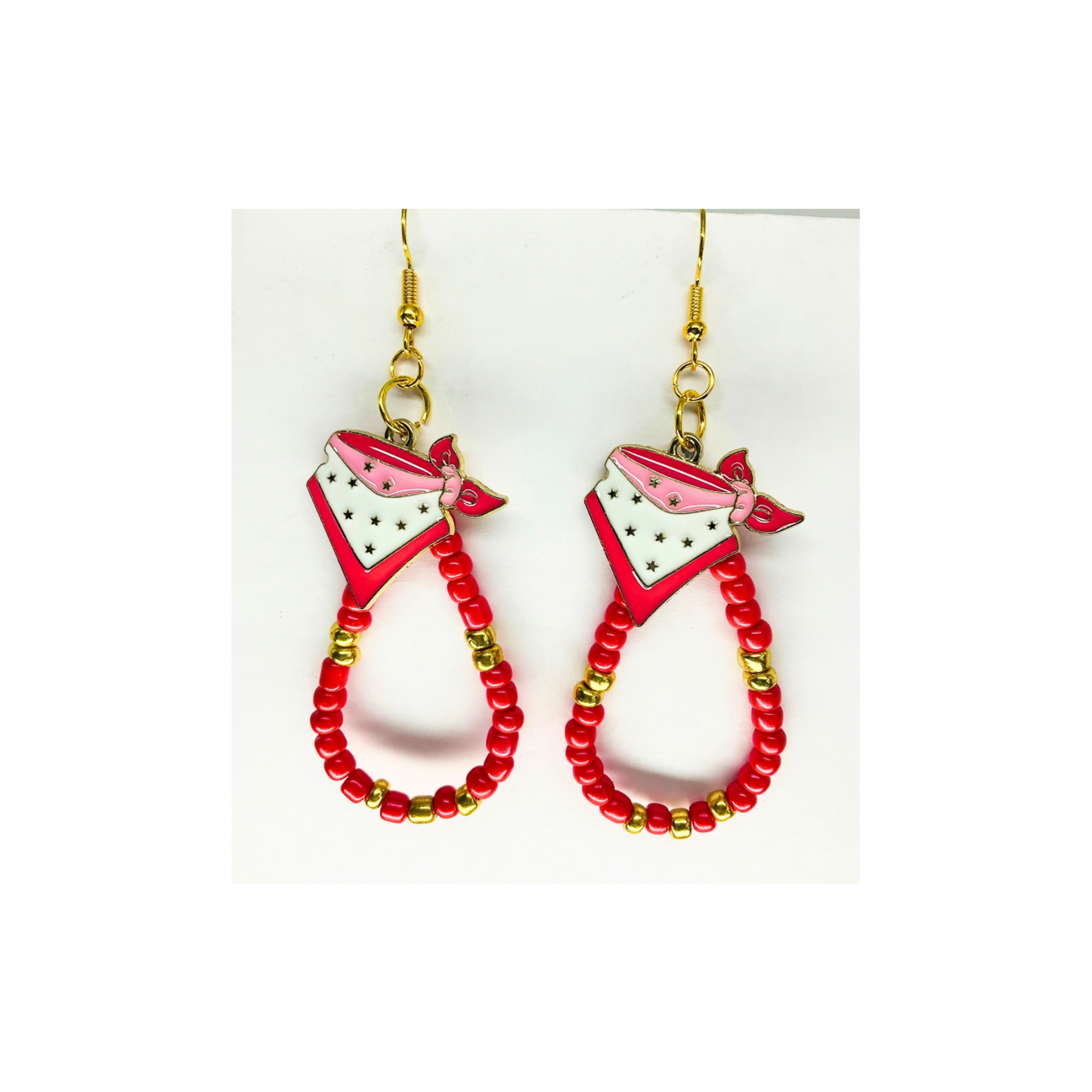 Teardrop Watermelon Pink and Gold Beads with Bandana Charm Earrings