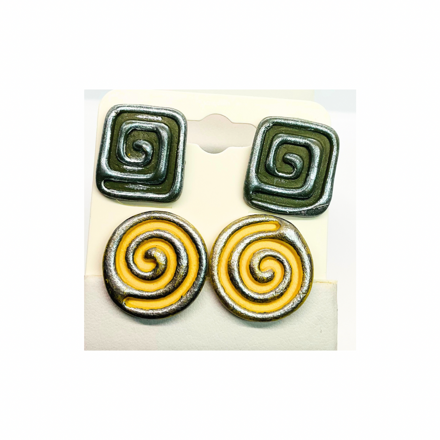 Swirl Stud Earrings in Army Green and Yellow with Silver Accents
