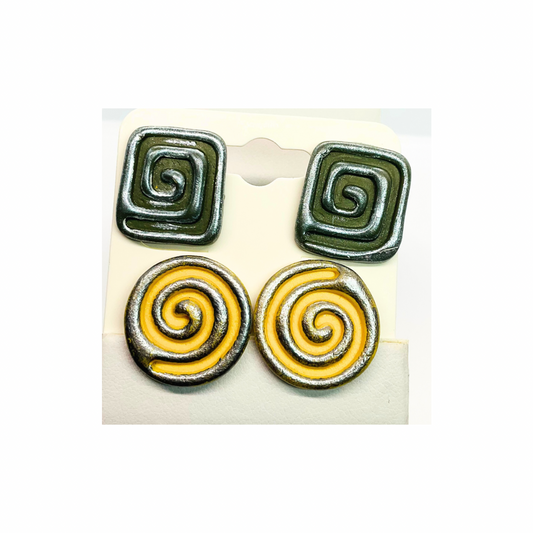 Swirl Stud Earrings in Army Green and Yellow with Silver Accents
