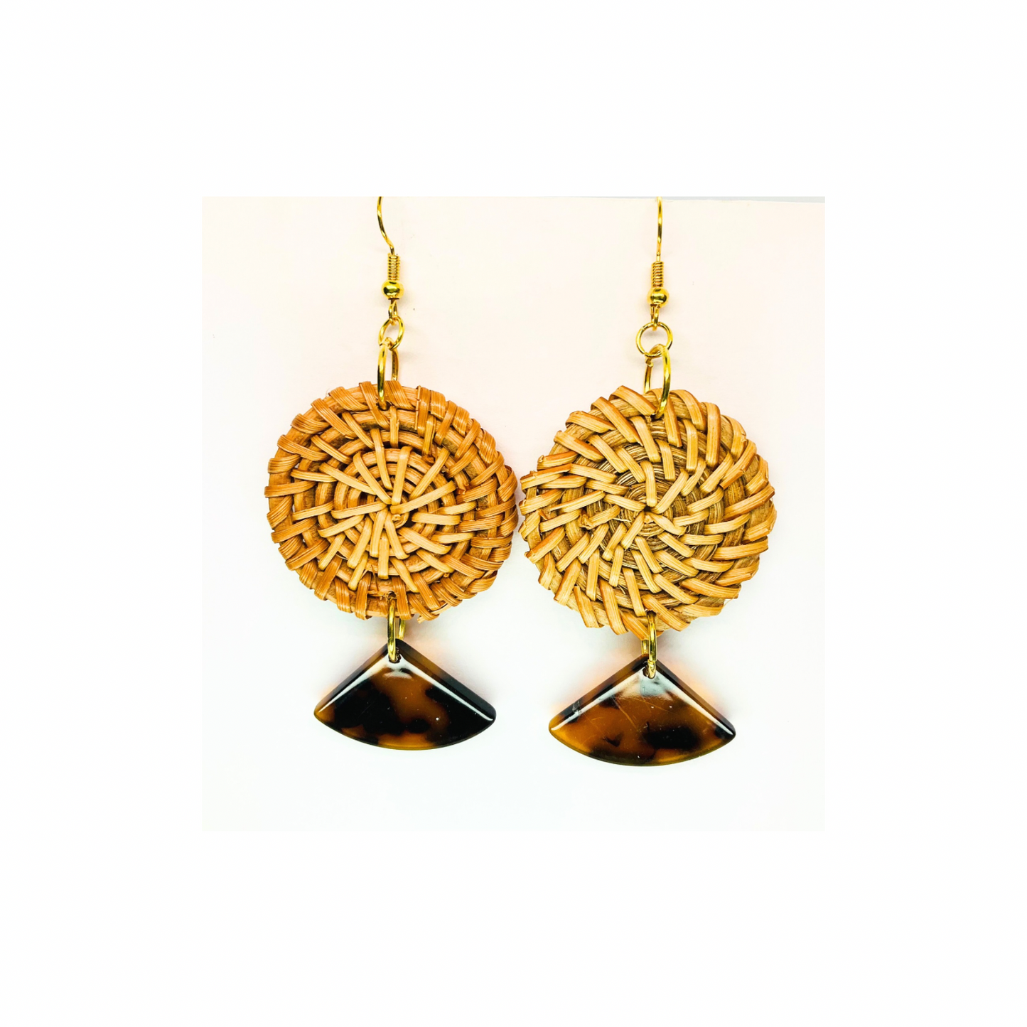 BOHO Collection Rattan Circle with Fan Tortoise Dangle Earrings - Unique Design & Natural Material Earrings