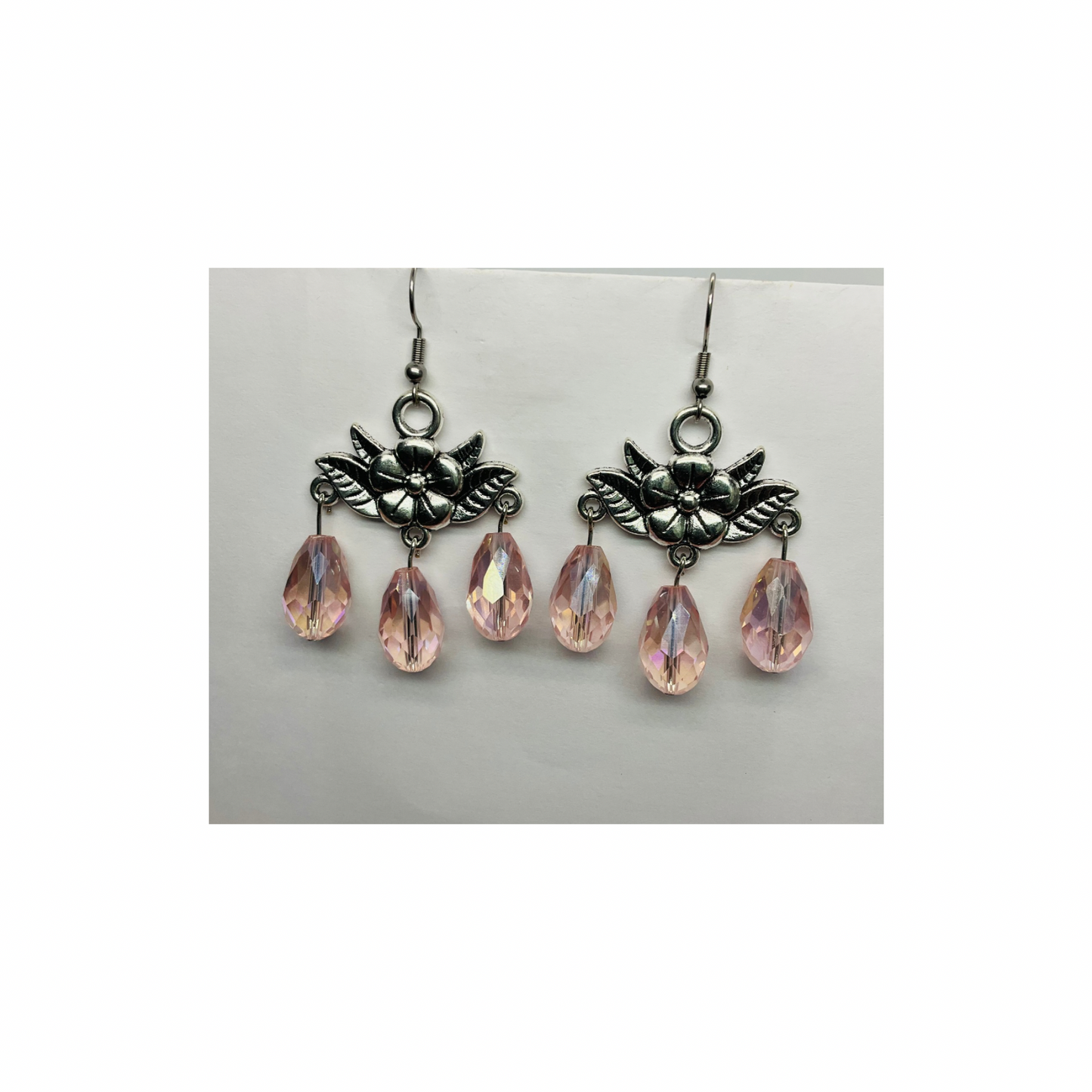 Crystal Chandelier Collection Large Bead Dangle Earrings with Pink Teardrop Design and Detailed Charms