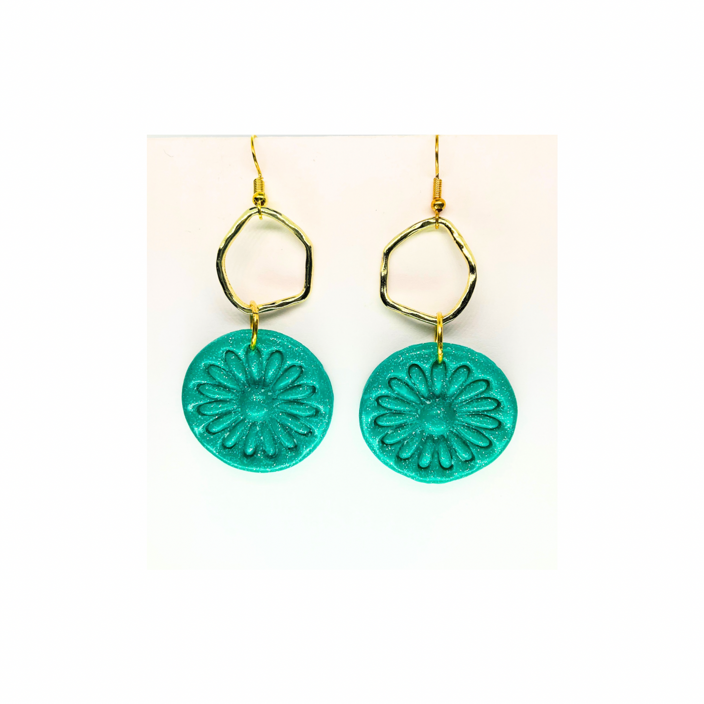 Teal Green Sparkle Circle with Gold Accent Dangle Earrings - Teal Color Floral Design Jewelry Accessory