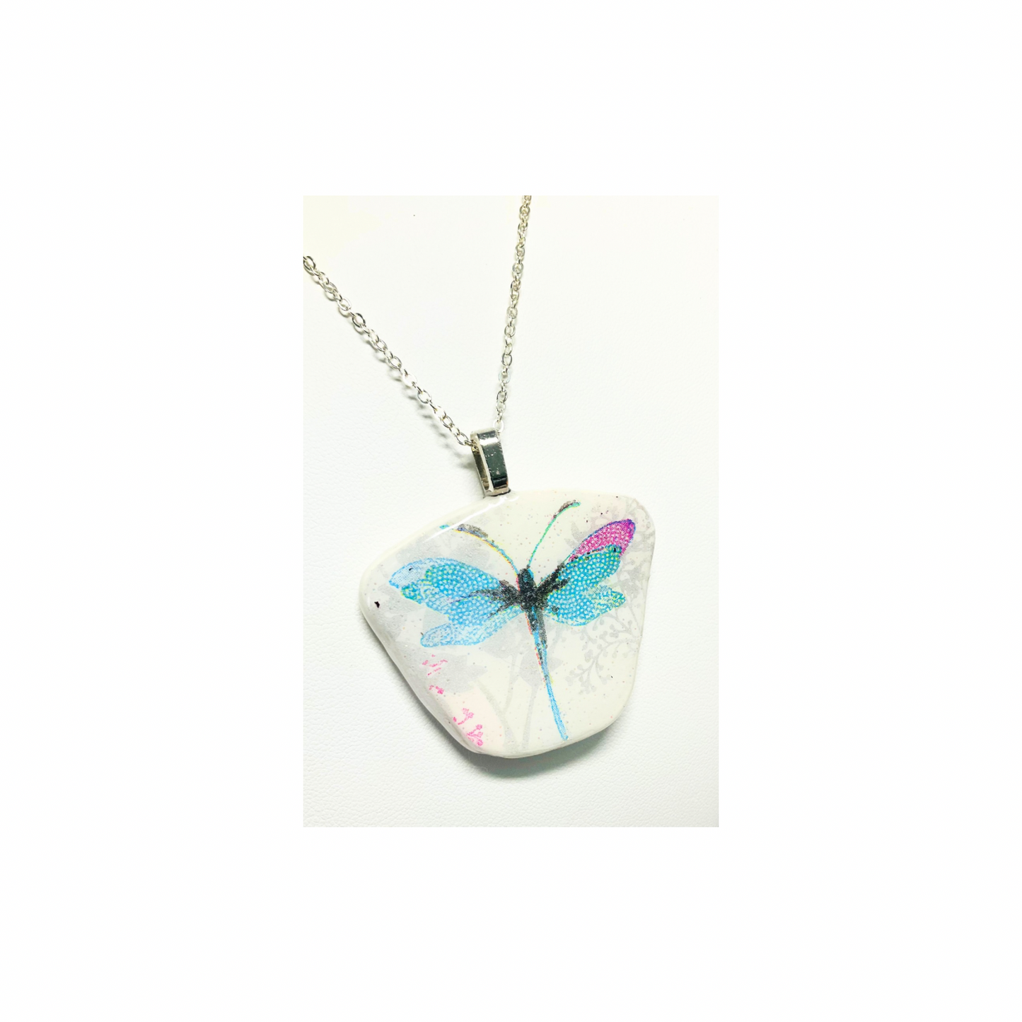 Dragonfly Blue and Pink Pendant Necklace 18-inch Silver Chain Necklace with Colorful Dragonfly Design