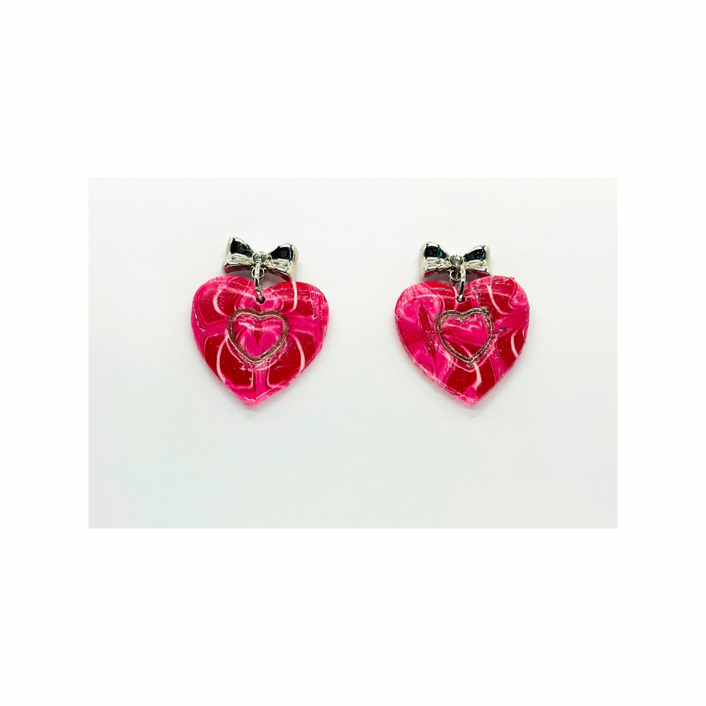 Pink Silver Marble Heart with Bow Stud Earrings