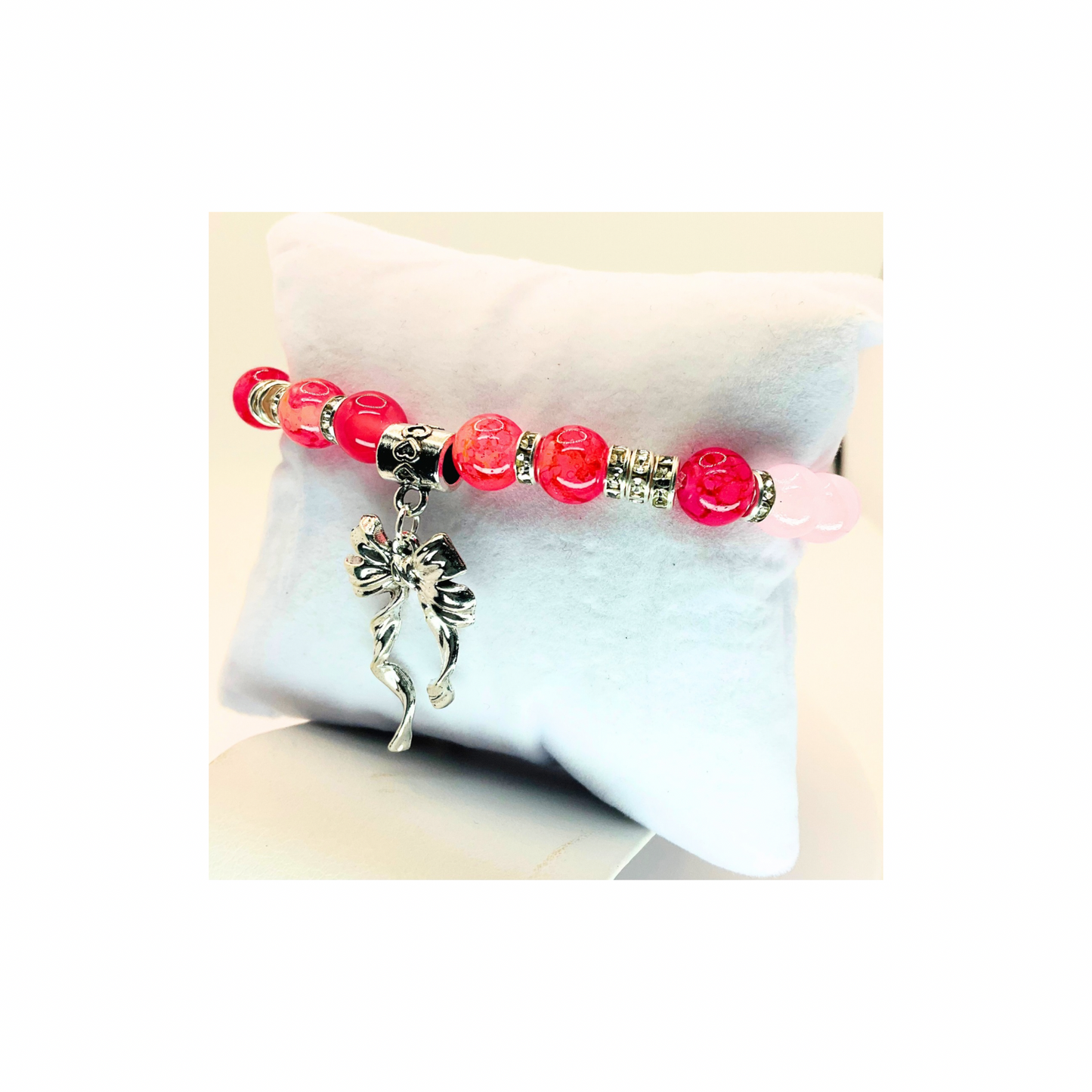 Pink and Silver Beaded Stretch Bracelet with Silver Bow Charm-Crafting By BB