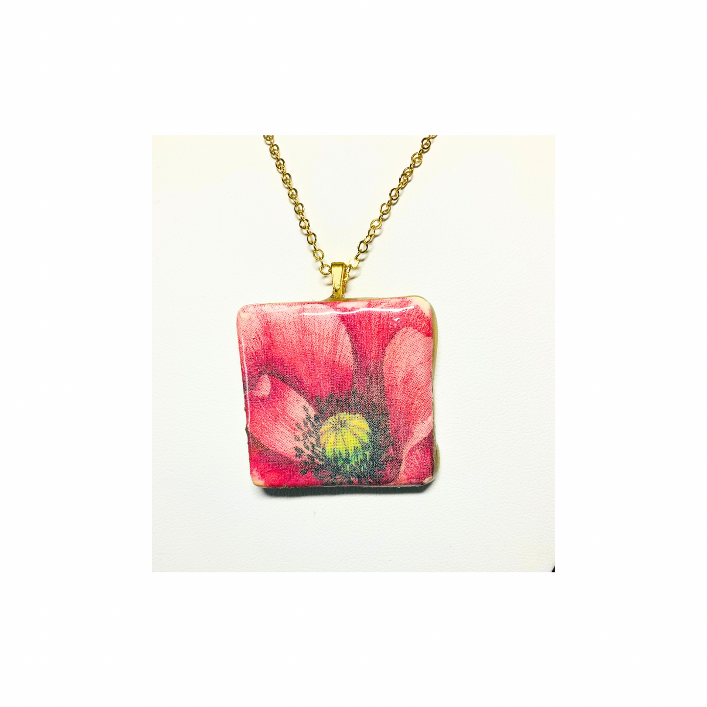Pink Flower Clay Square Pendant Necklace - Trendy Cute Style Pink Handcrafted Lightweight for Everyday Wear