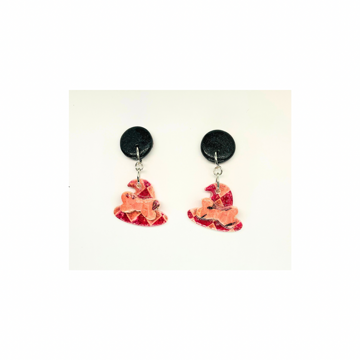 Wizard Collection Check Witch Hat with Bow Stud Earrings for Female - Black & Pink Design