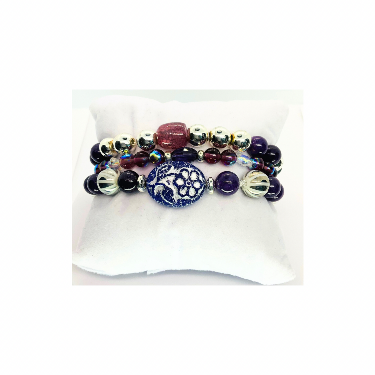 Eggplant Purple Stacked Stretch Set of Three Bracelets with Unique Beads & Floral Design for Everyday Wear