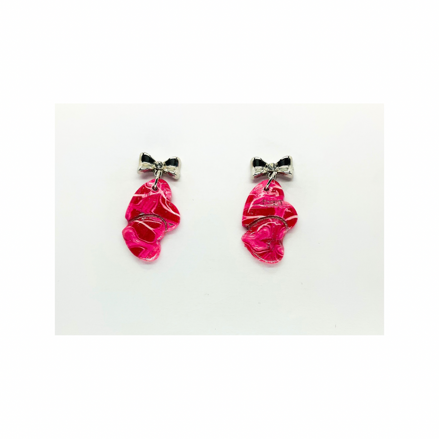 Pink Marble Double Heart Dangle &amp; Silver Heart Studs