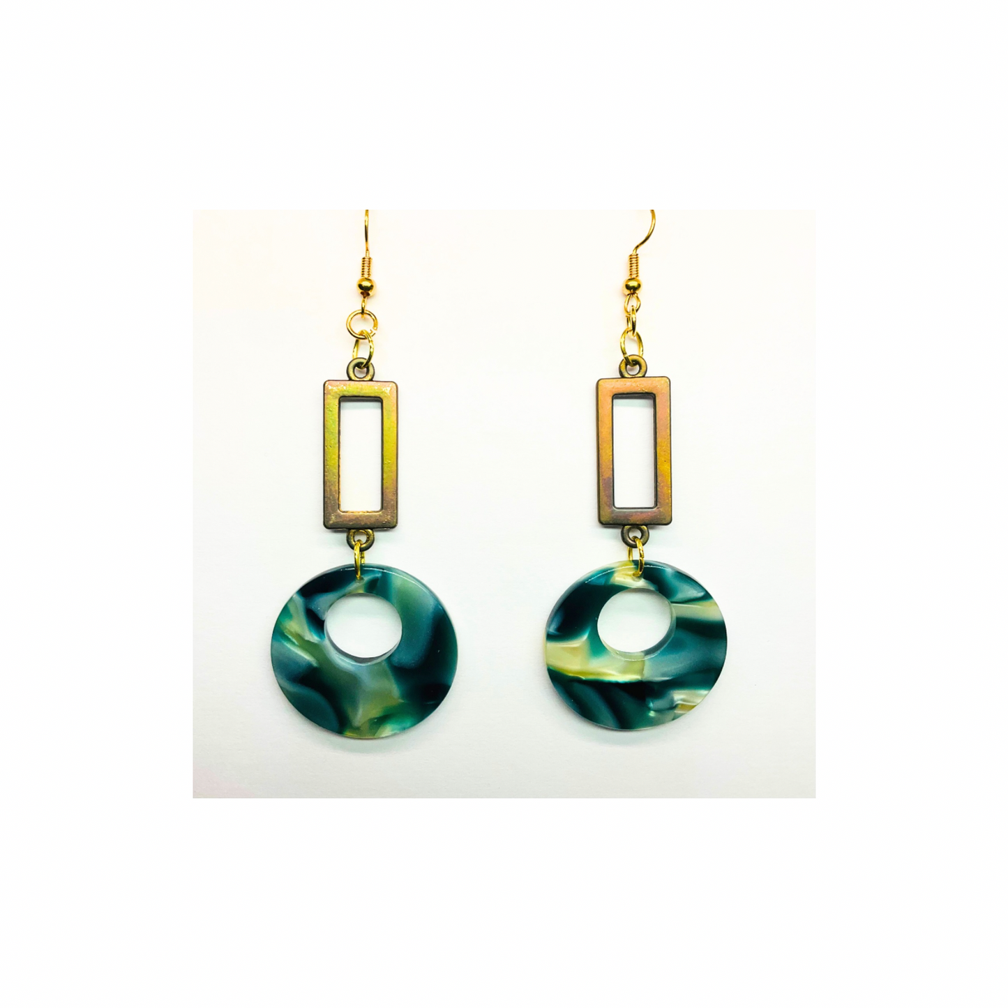 Tortoise Collection Green Circle with Rectangle Earrings - Hook Earrings with Unique Design Elements for Stylish Appeal