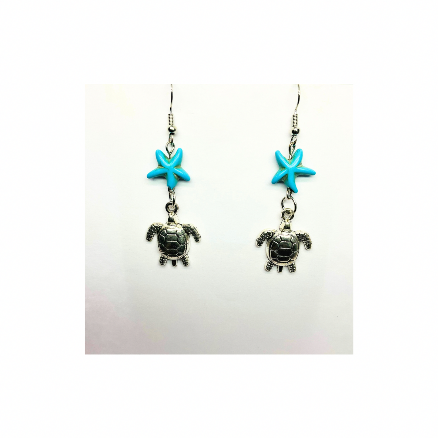 Ocean Collection Silver Turtle with Starfish Dangle Earring - Blue Starfish Accents