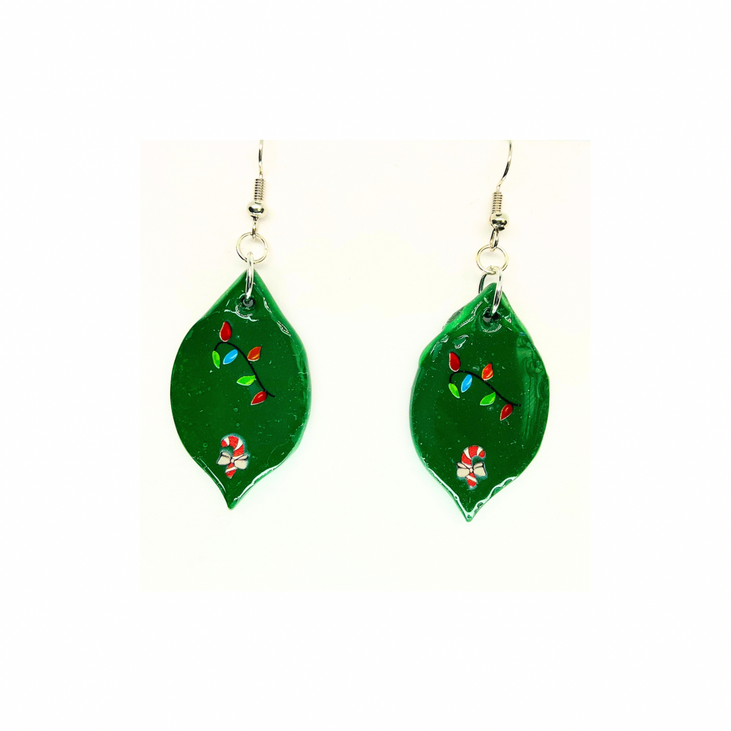 Christmas in July Collection Green Ornament with Candy Cane Dangle Earrings